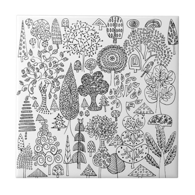 Azulejo Árbol blanco y negro moderno con patrones (Frente)