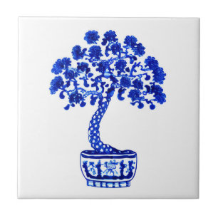Azulejo Árbol Bonsai en azul cobalto y blanco