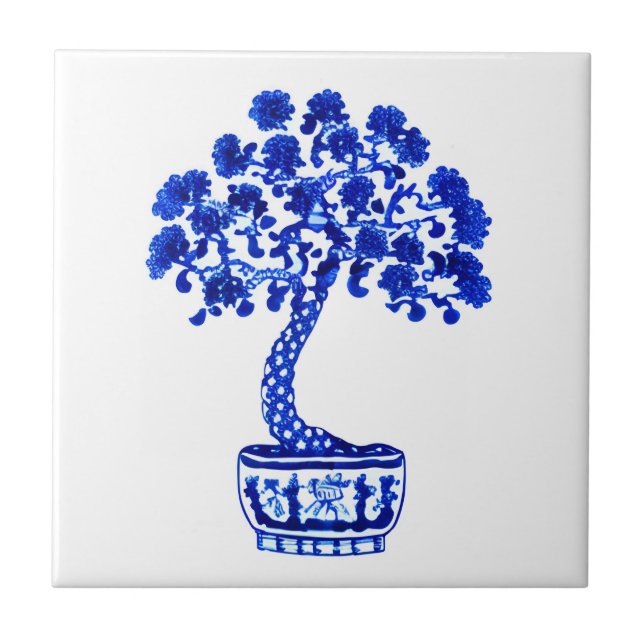 Azulejo Árbol Bonsai en azul cobalto y blanco (Frente)