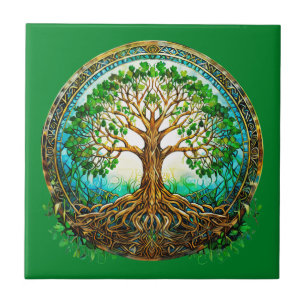 Azulejo Árbol celta de vida en verde esmeralda