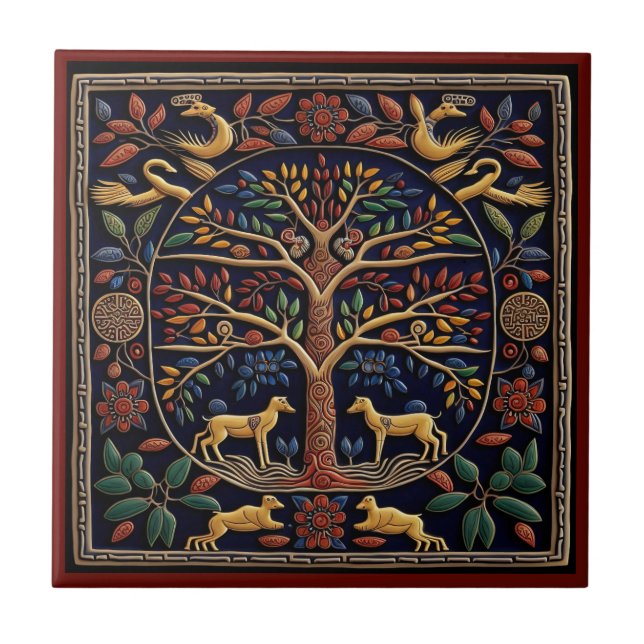 Azulejo Árbol de arte huichol mexicano de la vida cerámica (Frente)