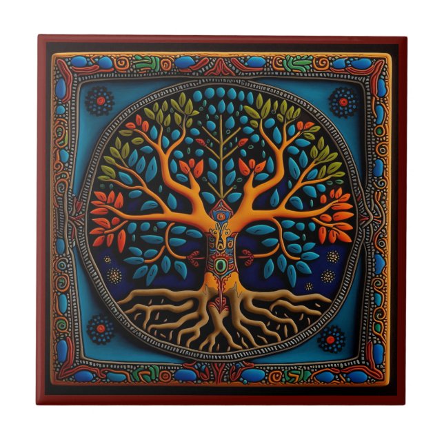 Azulejo Árbol de arte huichol mexicano de la vida cerámica (Frente)