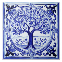 Azulejo Árbol de frutas azul y blanco arte folclórico medi
