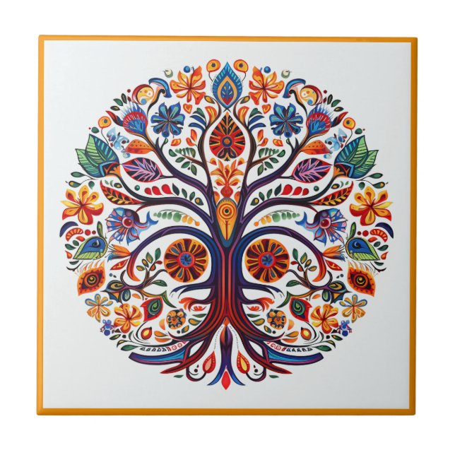 Azulejo Árbol de huichol mexicano de la vida de la cerámic (Frente)