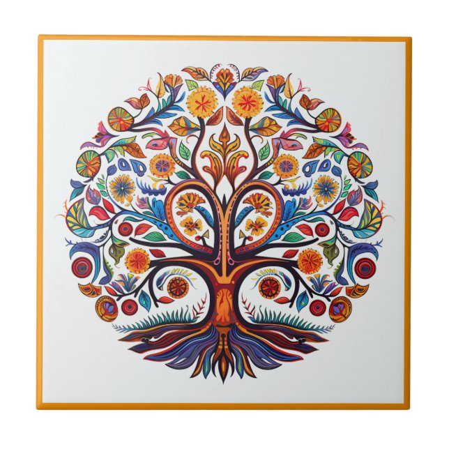 Azulejo Árbol de huichol mexicano de la vida de la cerámic (Frente)