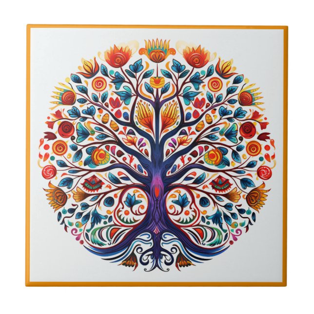Azulejo Árbol de huichol mexicano de la vida de la cerámic (Frente)