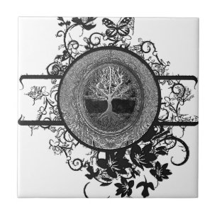 Azulejo Árbol de la vida blanco y negro con las flores