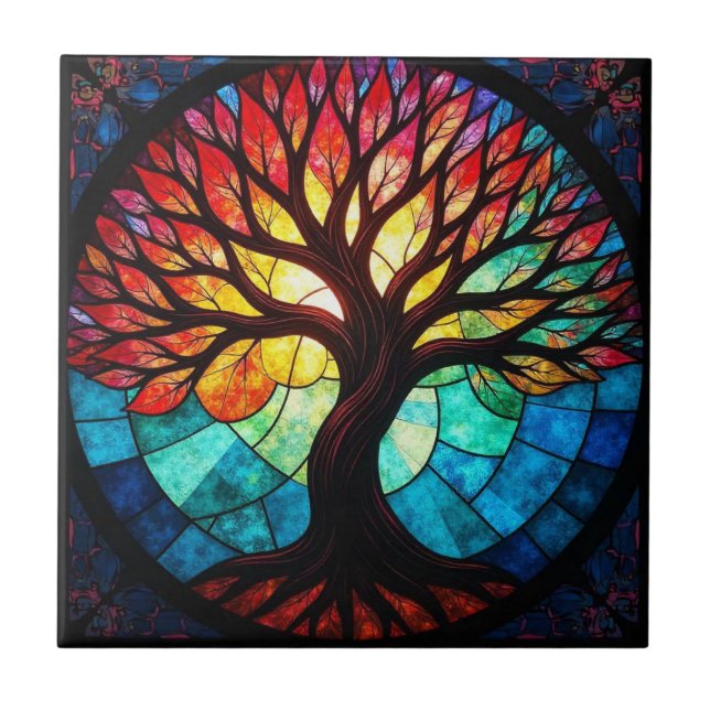 Azulejo Árbol de la Vida de Vidrio Pintado (Frente)