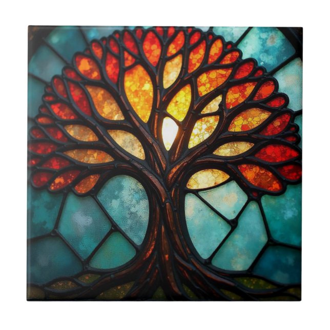 Azulejo Árbol de la Vida de Vidrio Pintado (Frente)