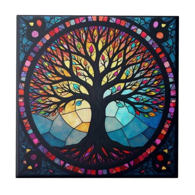 Azulejo Árbol de la Vida de Vidrio Pintado (Frente)