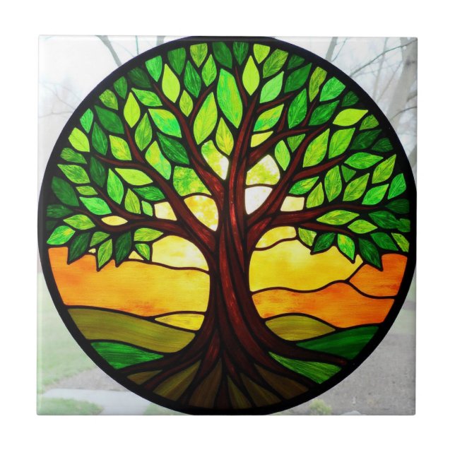 Azulejo Árbol de la Vida de Vidrio Pintado (Frente)