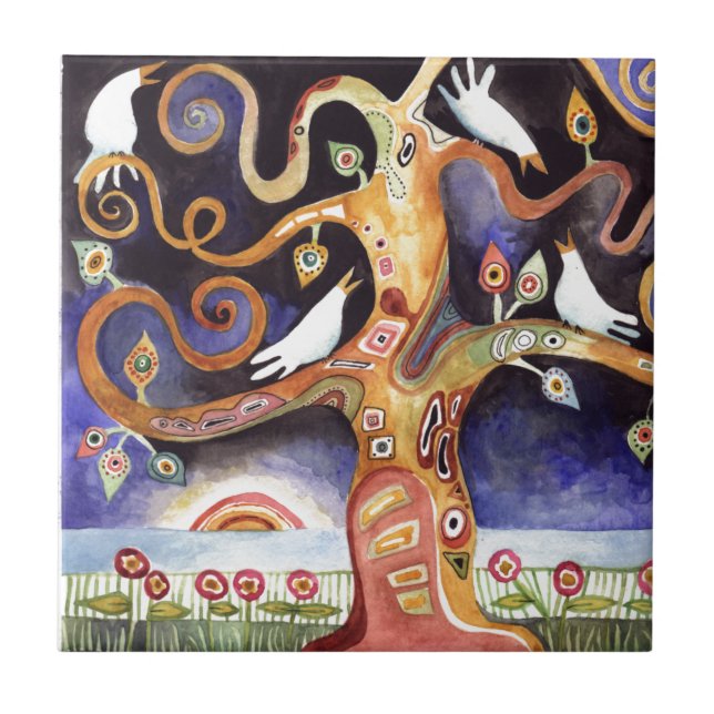 Azulejo ÁRBOL de las palomas de la acuarela de la VIDA (Frente)