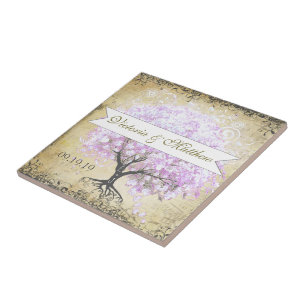 Azulejo Árbol de lavanda de hoja de corazón boda de pájaro