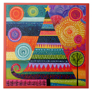 Azulejo Árbol de Navidad abstracto, arte popular colorido,