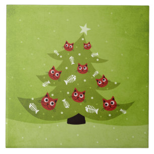 Azulejo Árbol De Navidad Con Ornamentos De Gato Y Pescado