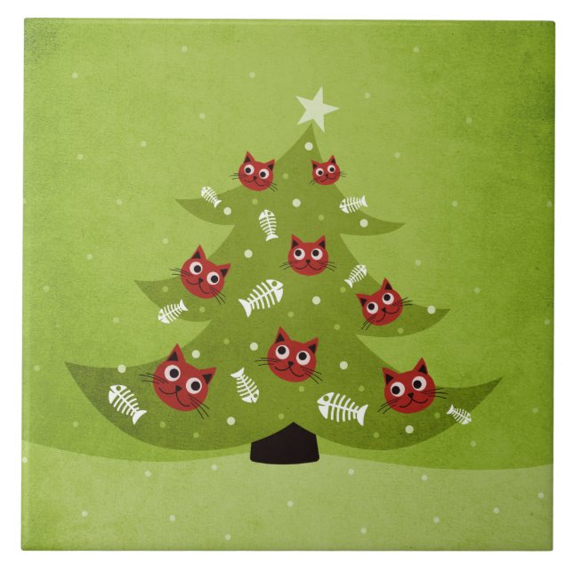 Azulejo Árbol De Navidad Con Ornamentos De Gato Y Pescado (Frente)