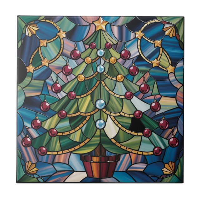Azulejo Árbol de Navidad de Vidrio Pintado Estilo Tiffany (Frente)