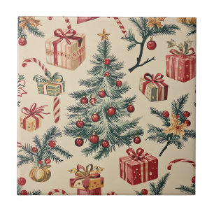 Azulejo Árbol de Navidad Retro Rojo Verde Crema Fiesta