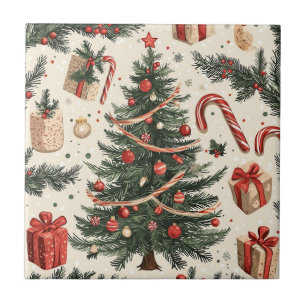 Azulejo Árbol de Navidad Vintage Toile Rojo Verde Crema