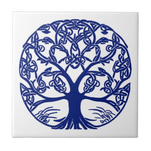Azulejo Árbol de nudo celta azul en blanco