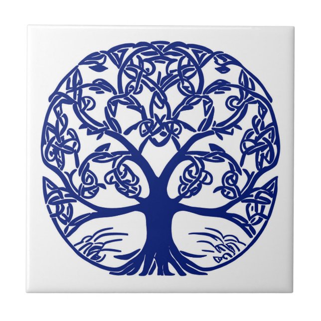 Azulejo Árbol de nudo celta azul en blanco (Frente)