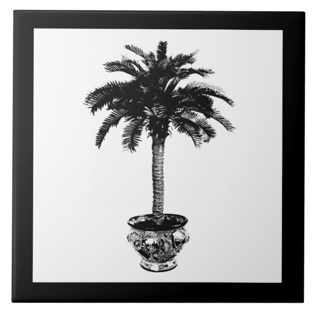 Azulejo Árbol de palmas potentes - blanco y negro (Frente)