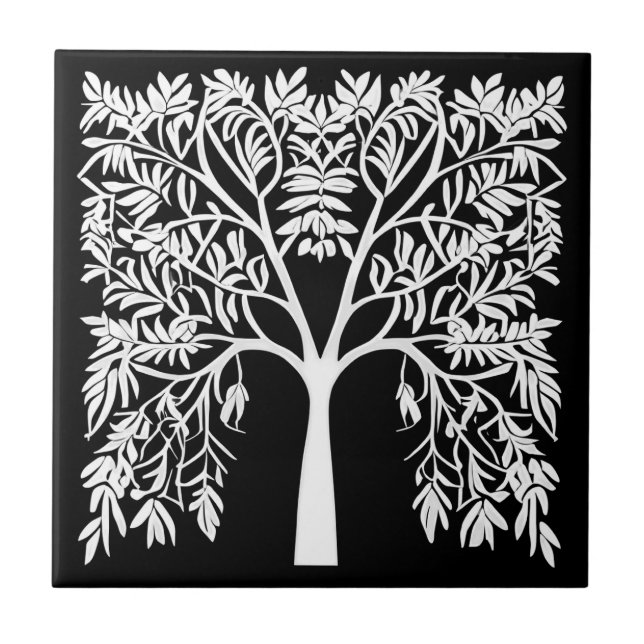 Azulejo Árbol de vida #1 blanco en negro (Frente)