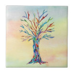 Azulejo Árbol de vida colorido mosaico cerámico<br><div class="desc">Esta baldosa decorativa presenta un diseño único del árbol de la vida sobre un fondo acuarela. Originalmente se hizo en mosaico usando pequeños trozos de vidrio de colores brillantes. Porque creamos nuestra obra de arte no encontrarás esta imagen exacta de otros diseñadores. Mosaico original y acuarela © Michele Davies.</div>