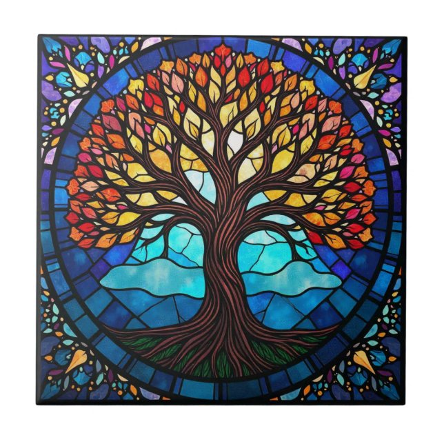Azulejo Árbol de vidrio manchado de vida Tile de cerámica (Frente)