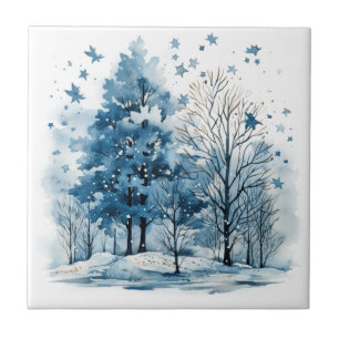 Azulejo Árbol del bosque invernal en acuarela