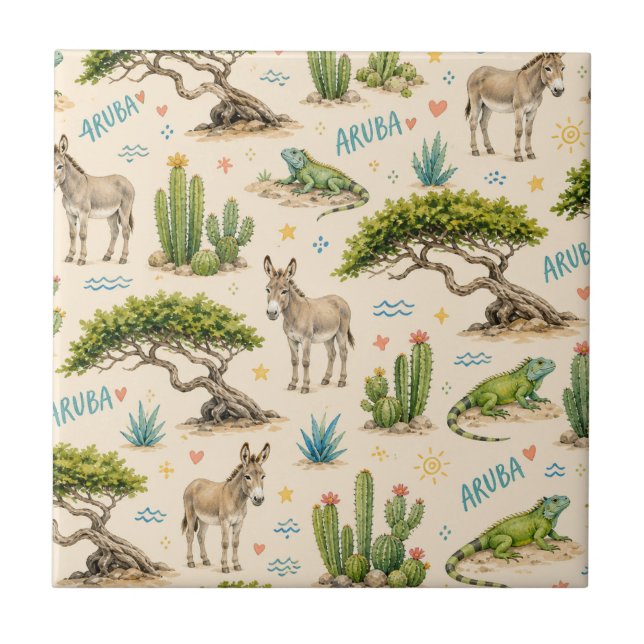 Azulejo árbol divi de Aruba, burro, iguana, cactus (Frente)