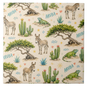 Azulejo árbol divi de Aruba, burro, iguana, cactus