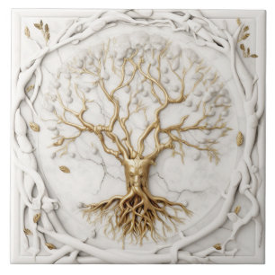 Azulejo Árbol Dorado de la Vida sobre Efecto de Mármol Bla