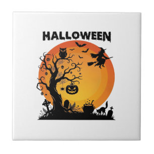 Azulejo Árbol Embrujado de Halloween Bruja Voladora Luna N