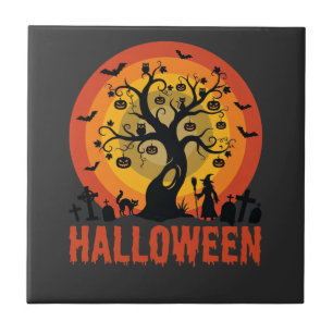 Azulejo Árbol Embrujado de Halloween Bruja y Gatos Negros