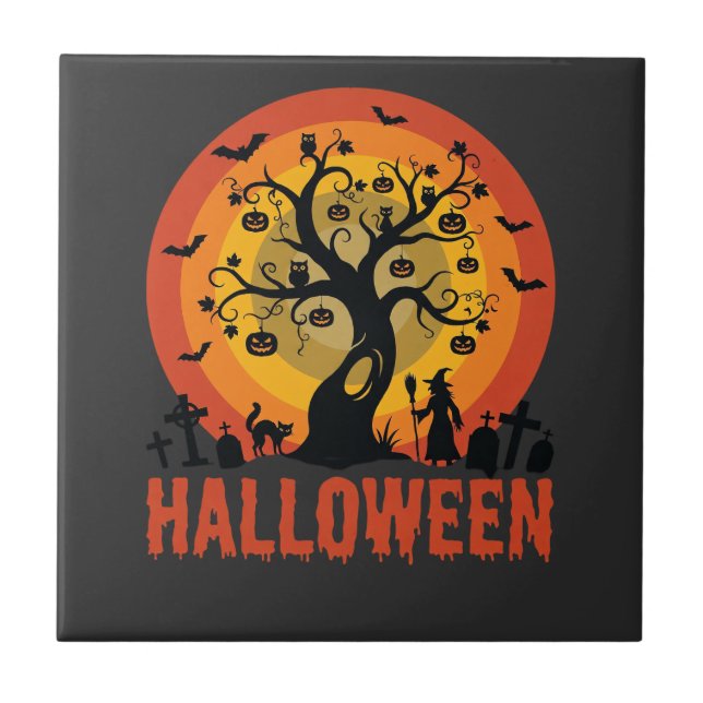 Azulejo Árbol Embrujado de Halloween Bruja y Gatos Negros (Frente)