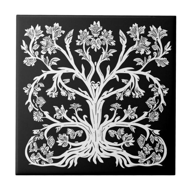 Azulejo Árbol floral de la vida en blanco sobre negro (Frente)
