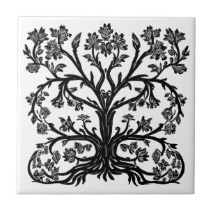 Azulejo Árbol floral de la vida en negro sobre blanco