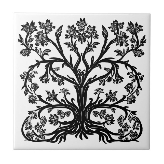 Azulejo Árbol floral de la vida en negro sobre blanco (Frente)