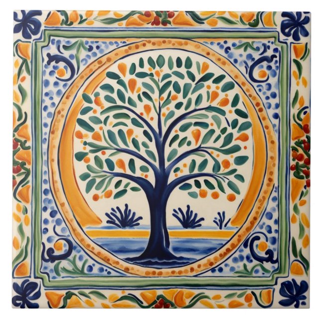 Azulejo Arbol mediterráneo Rústico Azul y Amarillo Arte Fo (Frente)