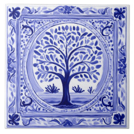 Azulejo Arbol Mediterráneo Rústico Azul y Blanco Arte Folc
