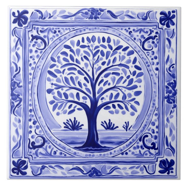 Azulejo Arbol Mediterráneo Rústico Azul y Blanco Arte Folc (Frente)