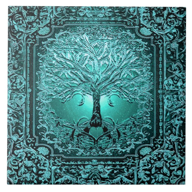 Azulejo Árbol verde azulado de la Vida Antiguo Rústico (Frente)