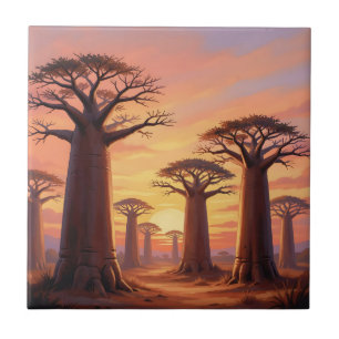 Azulejo Árboles Baobab Atardecer Africano Paisaje Sabana
