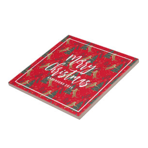 Azulejo Árboles de Navidad y tigres patrón fondo rojo