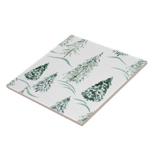 Azulejo Árboles navideños de color agua. Bosque de inviern