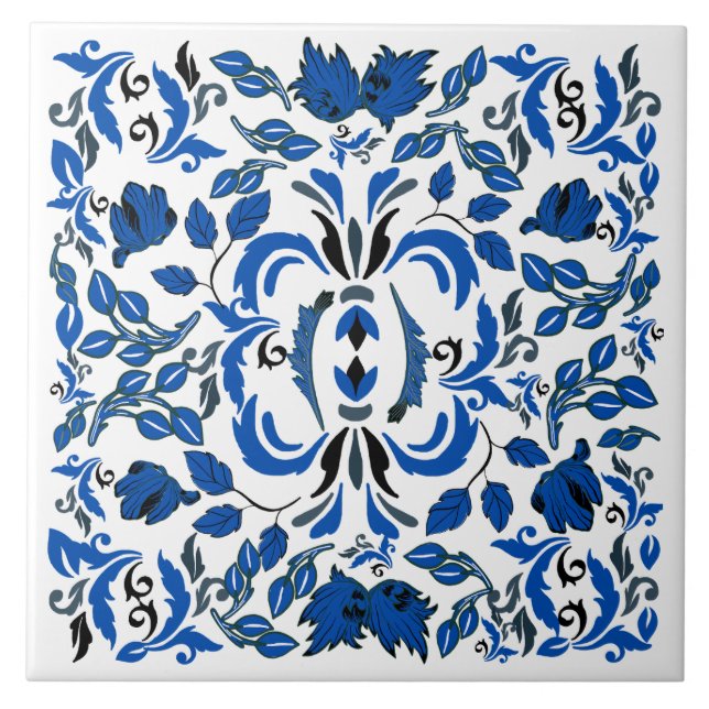 Azulejo Árboles William Morris y hojas azules y blancas (Frente)