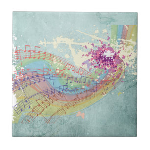 Azulejo Arcoiris retro y notas musicales sobre una textura