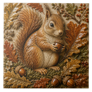Azulejo Ardilla de bosque otoñal con bellota y hojas de ro