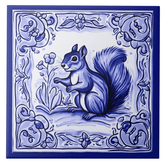 Azulejo Ardilla de madera azul y blanca Ardilla de animale (Frente)